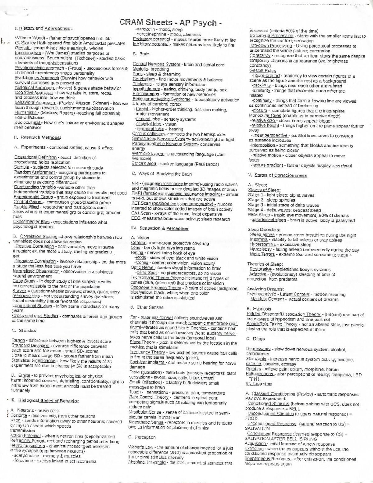 AP Psych Cram Sheet - CRAM Sheets AP Psych 1. History and Approaches ...