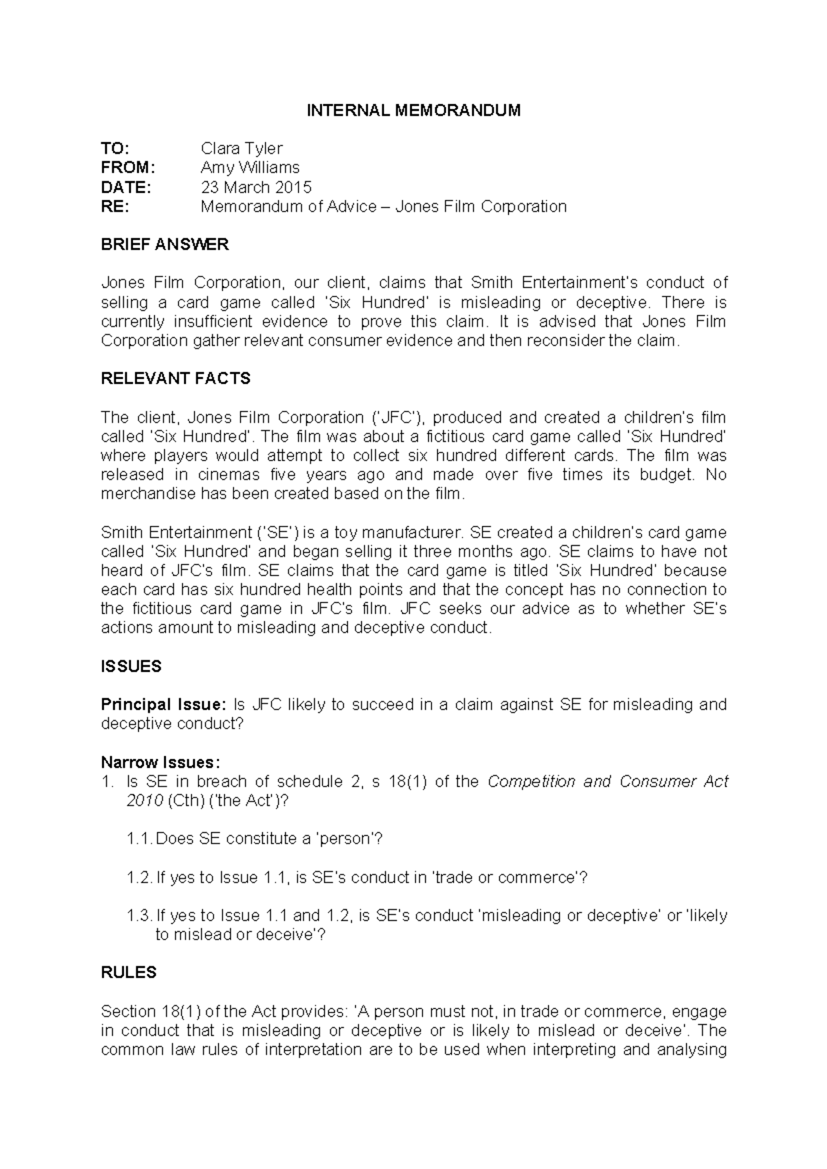 Legal Memorandum: Misleading Conduct Claim - Jones Film Corp (2015 ...