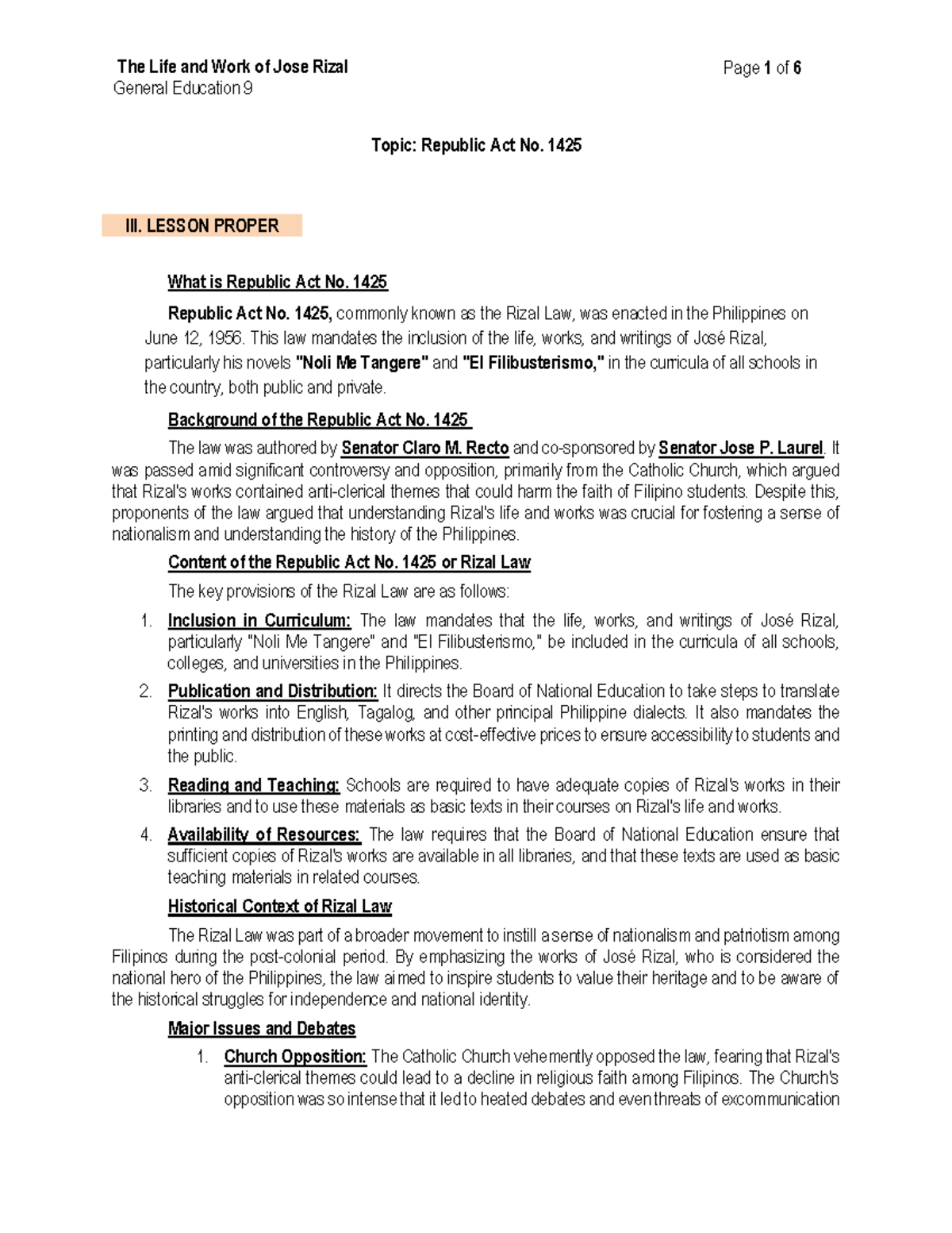 Module-1: Summaries on Republic Act No. 1425 (Rizal Law) - Gen Ed 9 ...