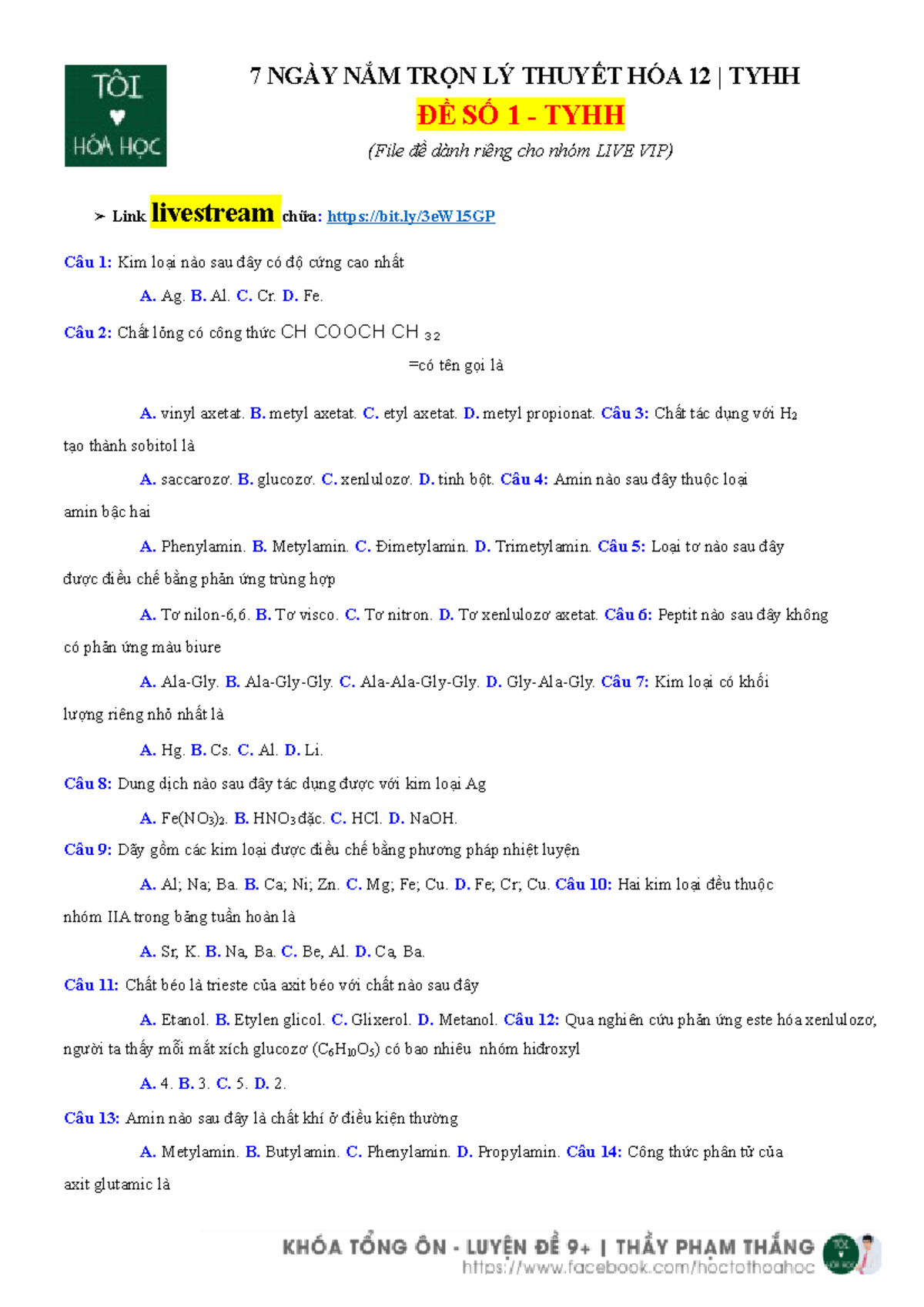 ĐỀ SỐ 1: 500 CÂU HỎI LÝ THUYẾT HÓA 12 - TYHH (Livestream) - Document Preview
