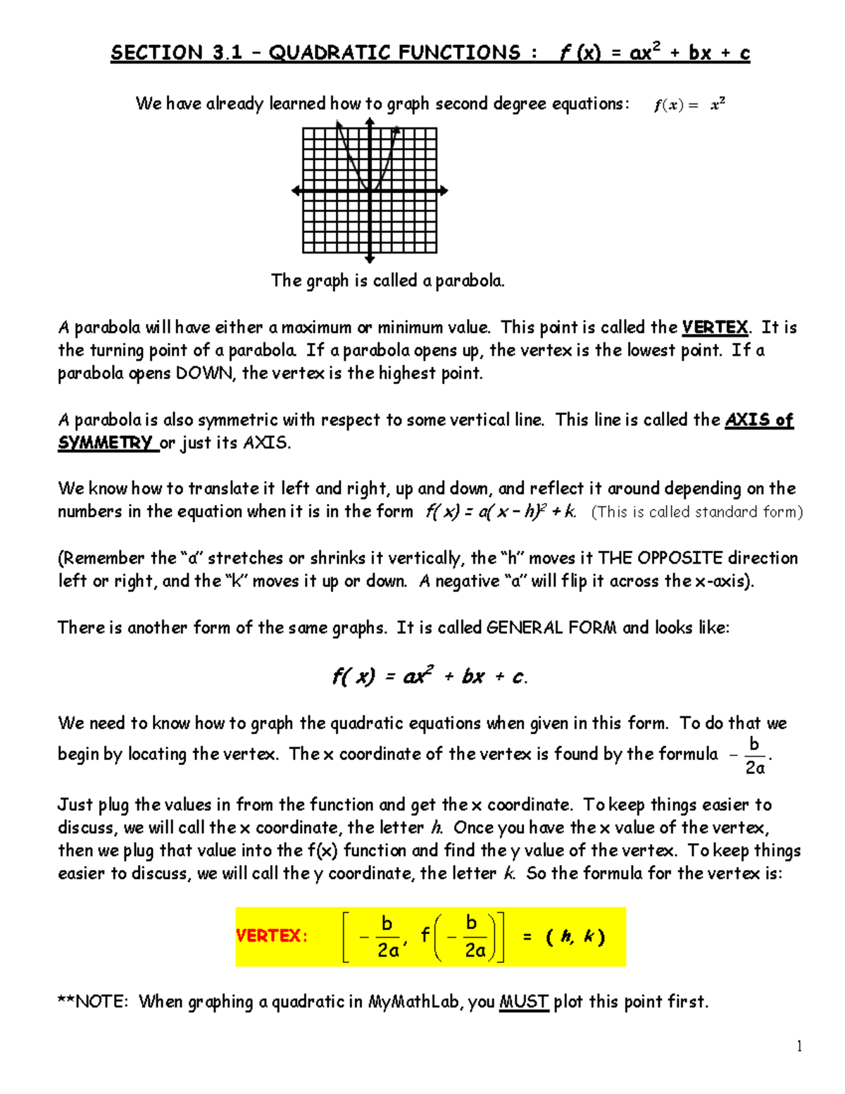 MAC 1105 - Lecture Notes on Graphing Quadratic Functions - Studocu
