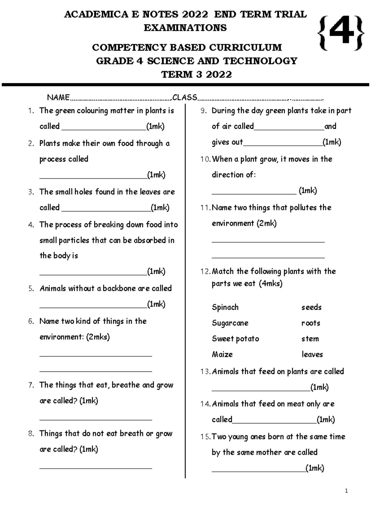 Grade 4 Science & Technology End of Term 3 Exam 2022 - Studocu