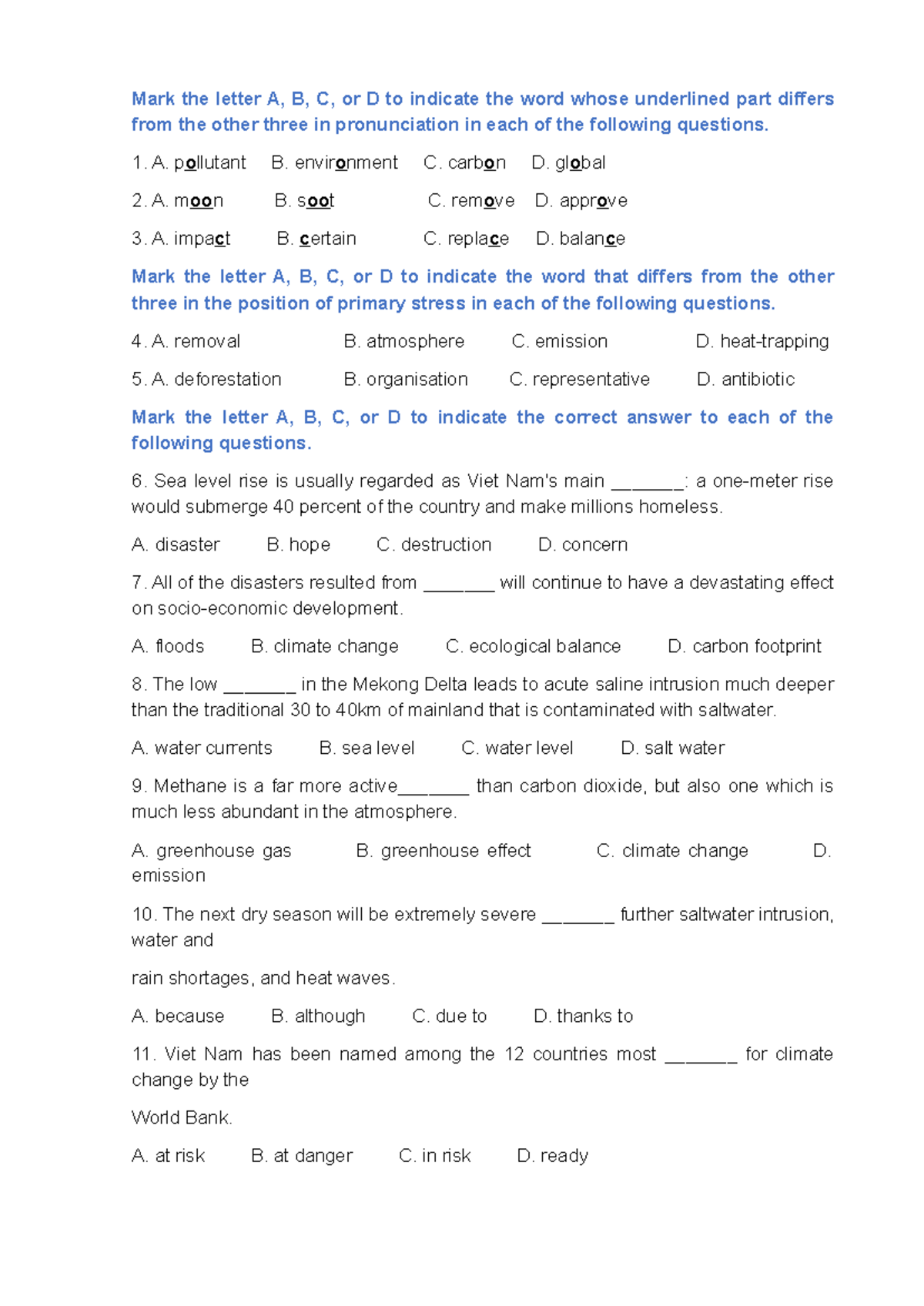 Pronunciation and Stress Practice Questions for English Language ...