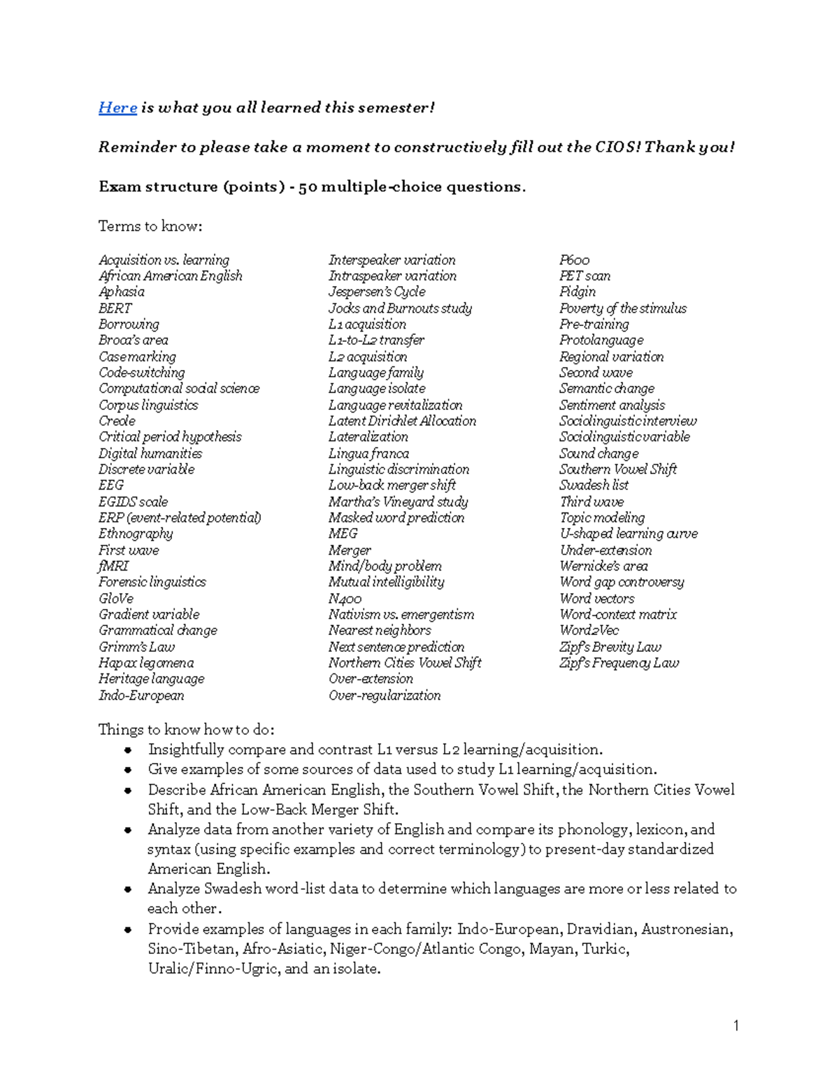 Exam 3 Study Guide: Key Concepts and Terms for Linguistics Course - Studocu