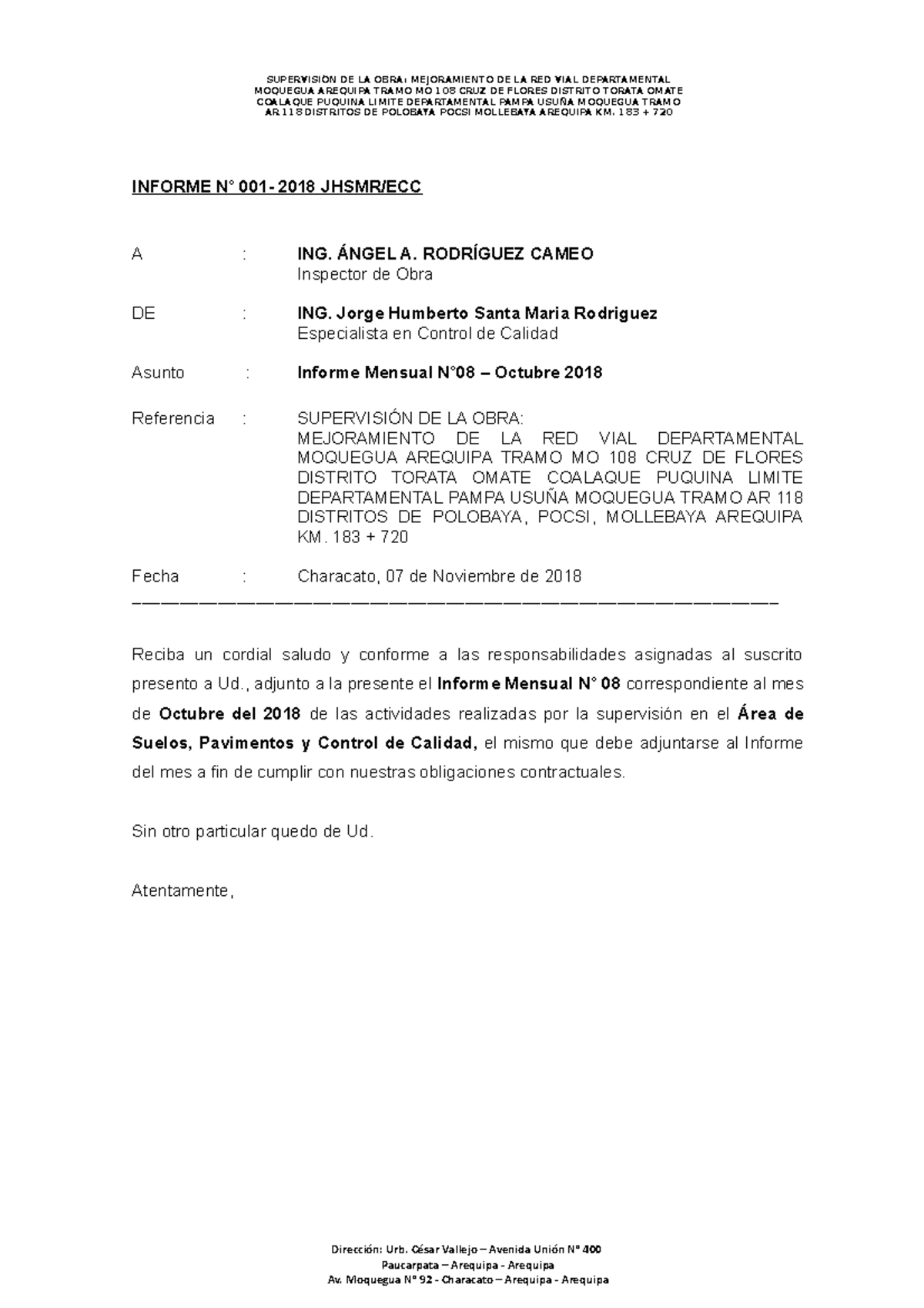 Informe Mensual N°08 de Control de Calidad - 400643183 - Document Preview