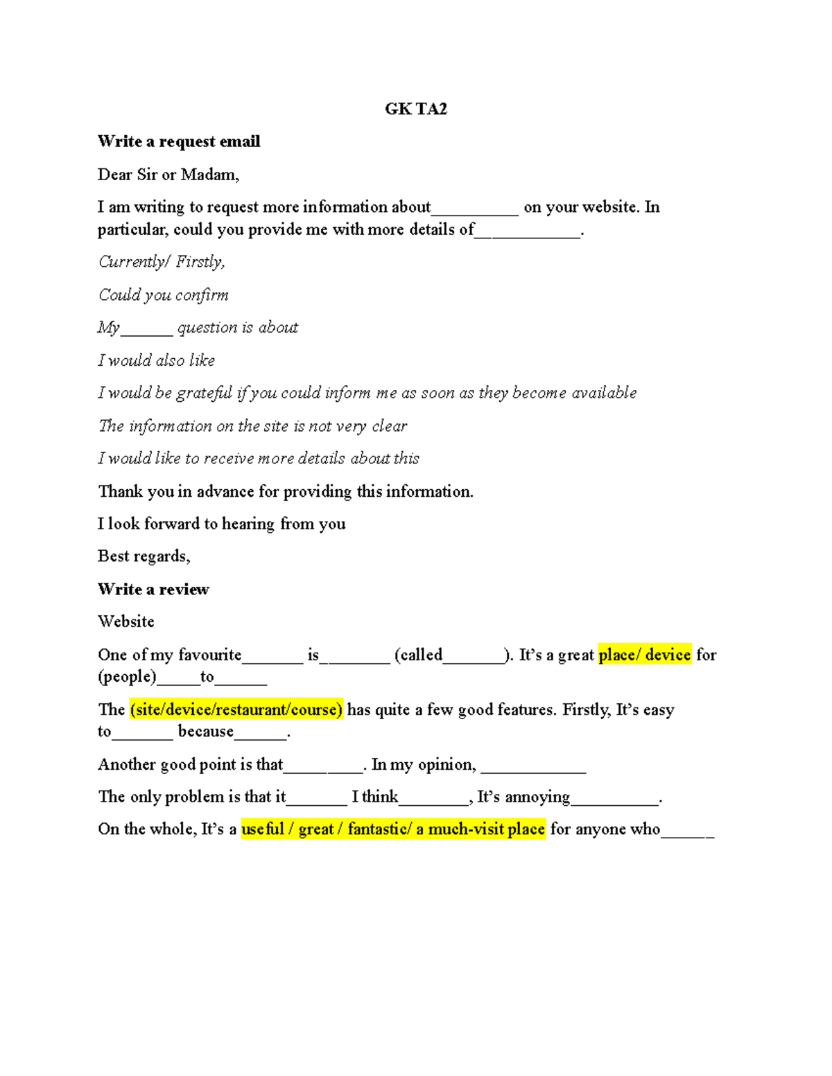 GK TA2 - Professional Email Writing Skills Review and Feedback - Studocu