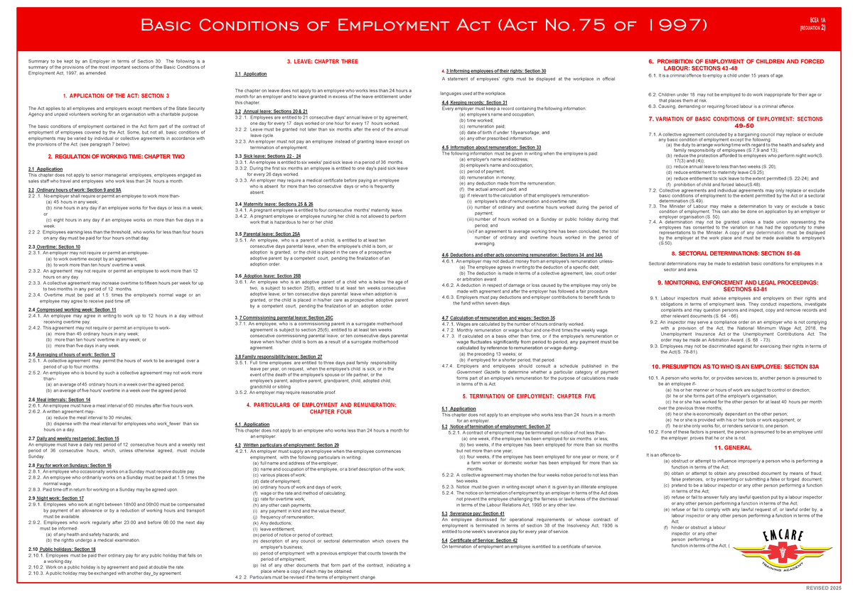 BCEA Act No. 75 of 1997: Key Provisions Summary (Revised 2025) - Studocu