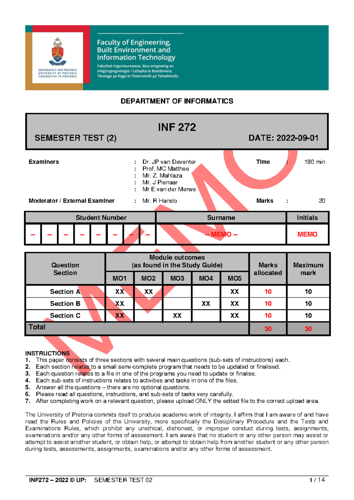 INF 272 - Semester Test 2 Memo: Key Programming Concepts and Solutions ...