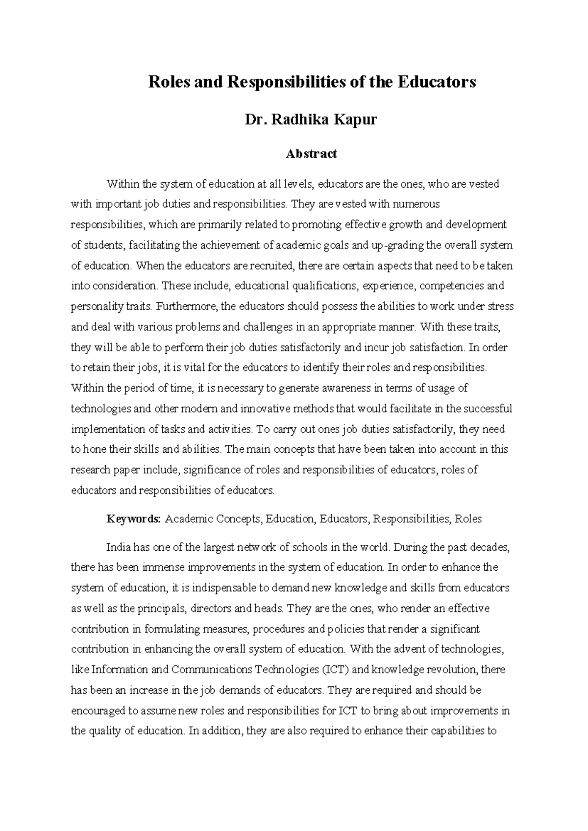 Roles and Responsibilities of Educators - 23: Insights and Challenges ...