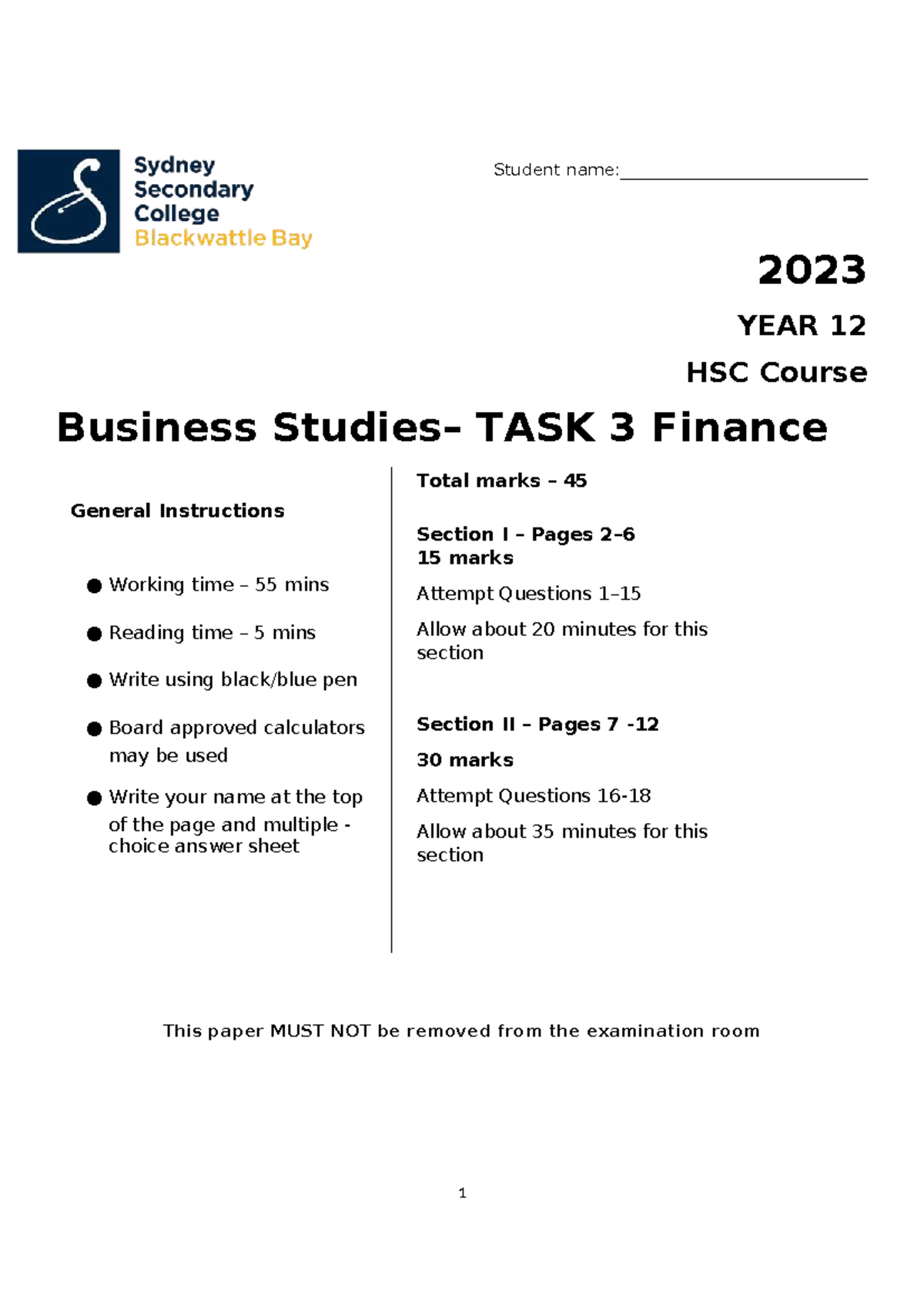 Business Assessment 3 2023: HSC Year 12 Finance Task - Studocu