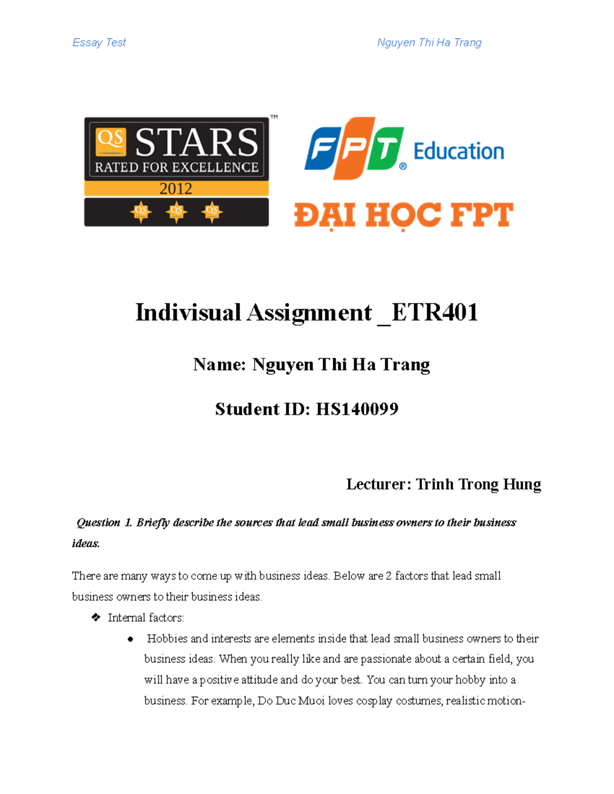 Indivisual Assignment Nguyen Thi Ha Trang HS140099 - Indivisual ...