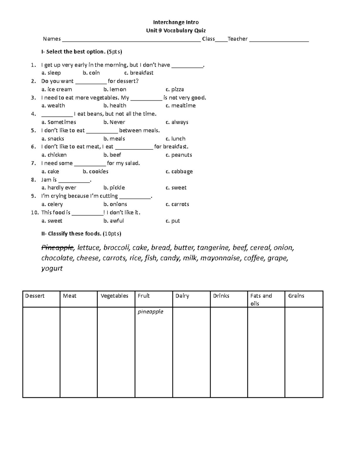 Interchange Intro Vocabulary Quiz - Unit 9 (5pts+10pts) - Studocu