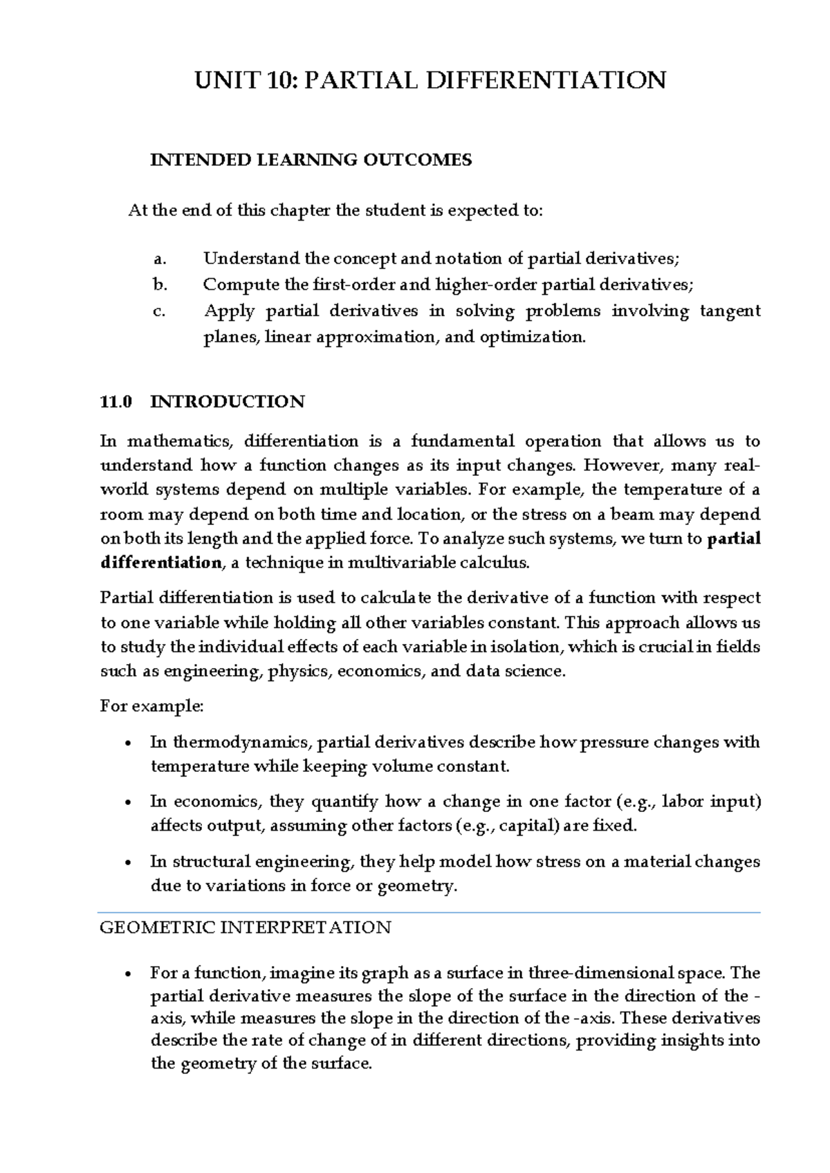 MATH 1 - UNIT 11 Partial Differentiation - UNIT 10: PARTIAL ...