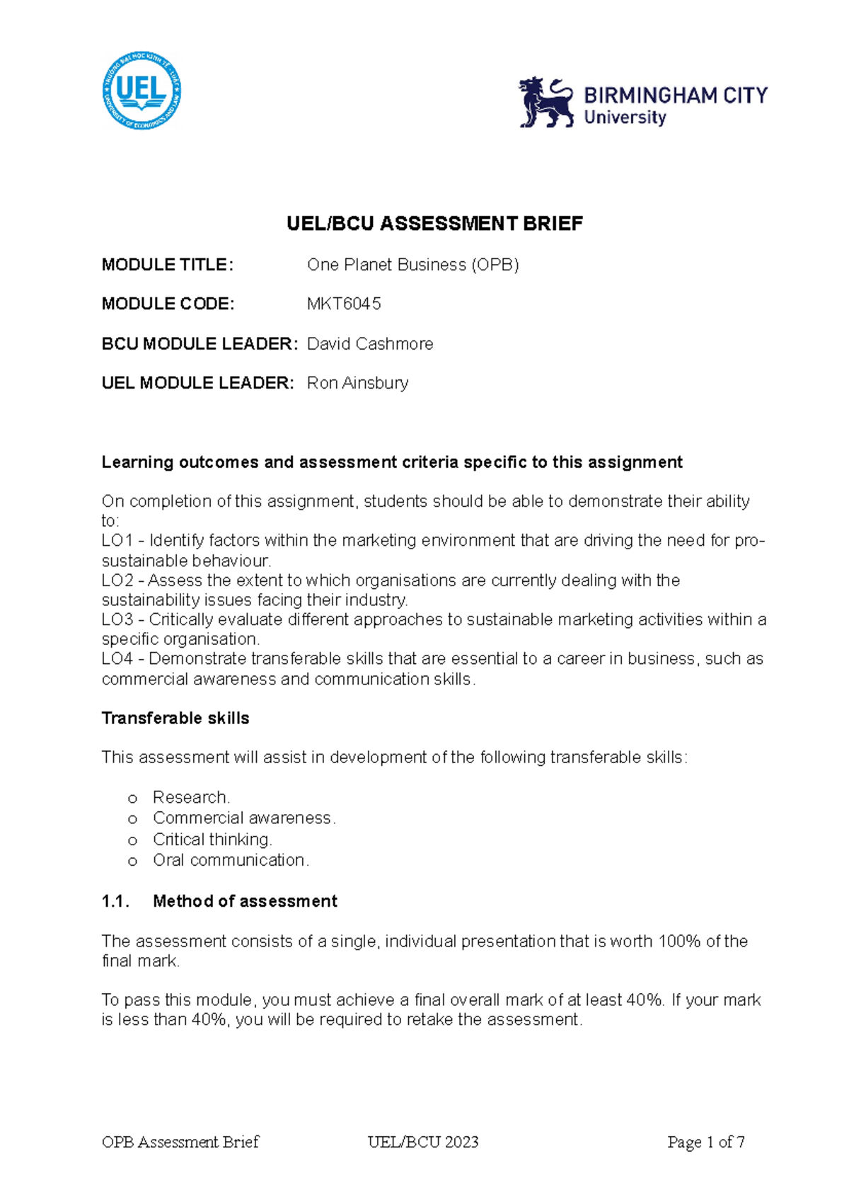 OPB Assessment Brief 2023 - UEL/BCU ASSESSMENT BRIEF MODULE TITLE: One ...