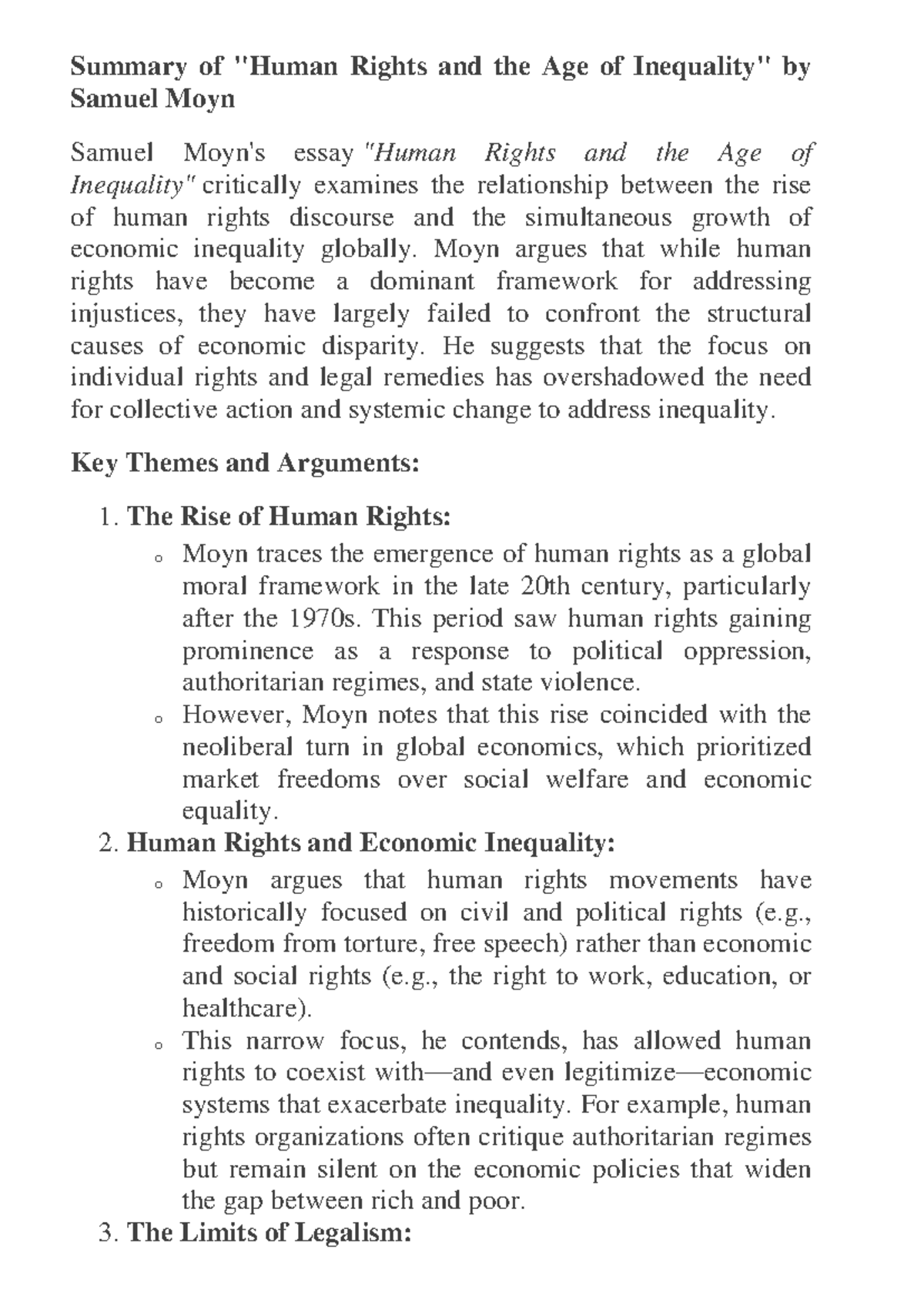Human Rights and Economic Inequality: Insights from Moyn's Essay - Studocu
