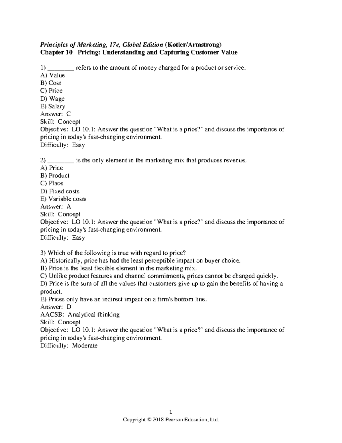 Chapter 10 - Exam Practice Questions on Pricing Strategies - Studocu