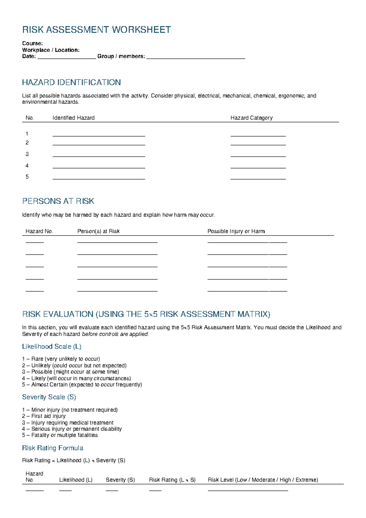RISK ASSESSMENT WORKSHEET - Act 2 Analysis and Evaluation - Studocu