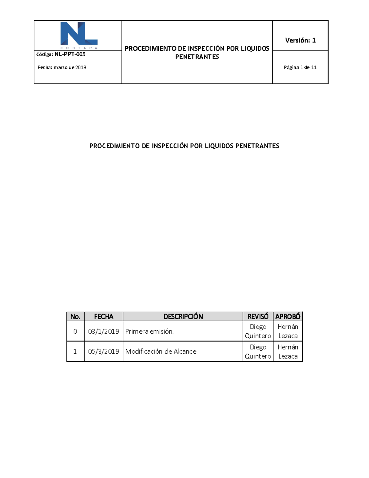 Procedimiento de Inspección NL-PPT-005 por Líquidos Penetrantes - Document Preview