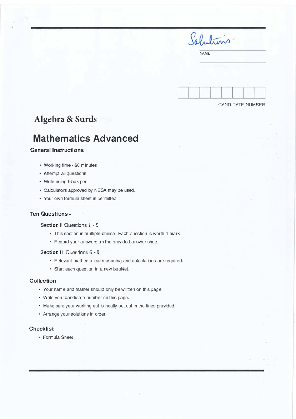 Mathematics Advanced AT1 Algebra Examination March 2025 - NAME ...