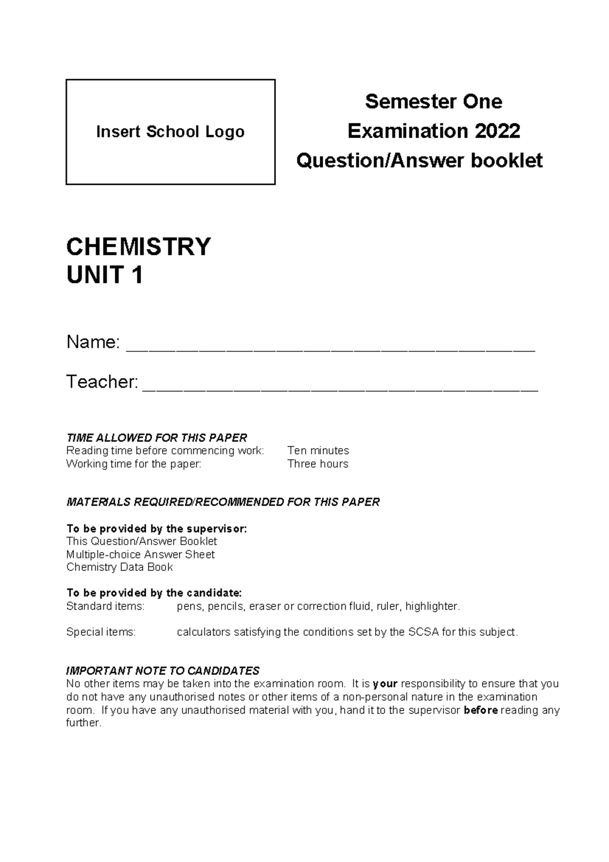 2022 CHEMISTRY UNIT 1 Semester One Examination Practice Test - Studocu