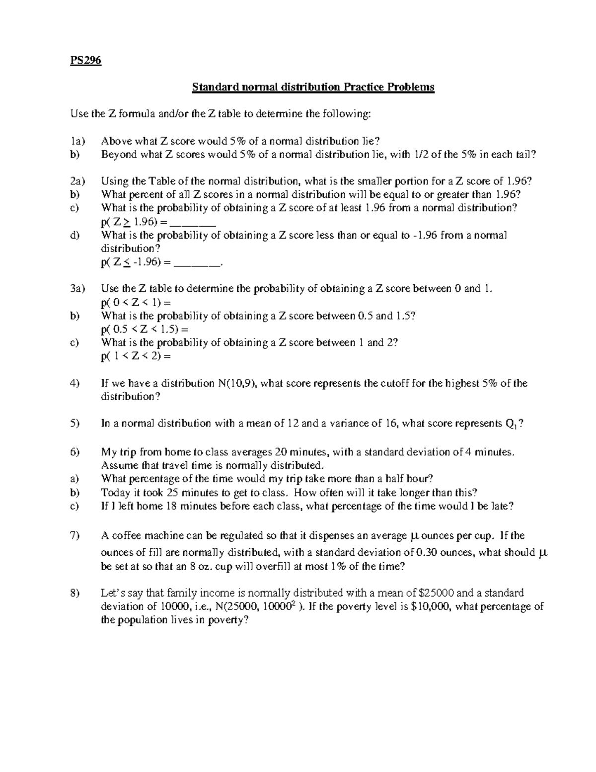 Standard Normal Distribution Practice Problems (PS29) - Studocu