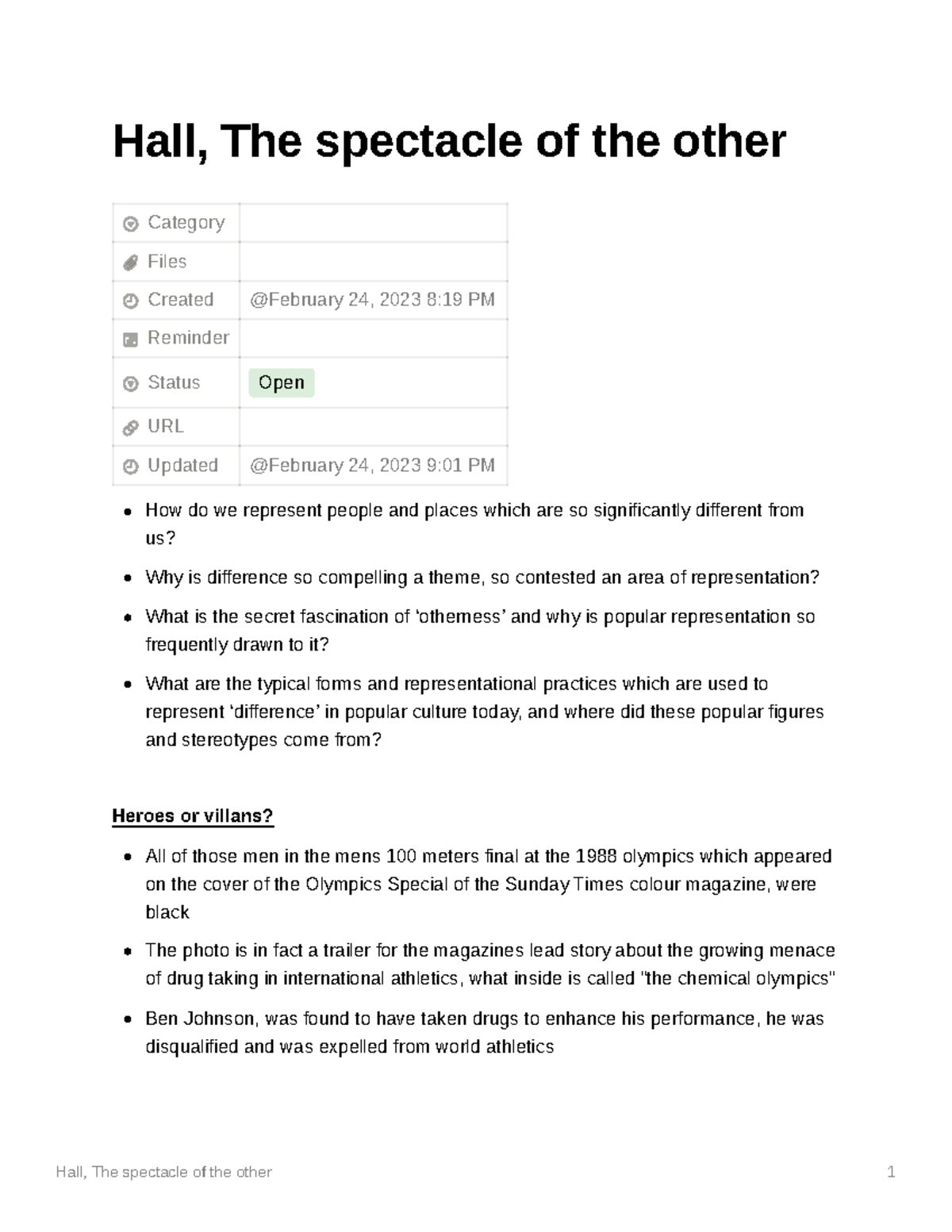CULT 101 Essay Notes: Hall on 'The Spectacle of the Other' - Studocu