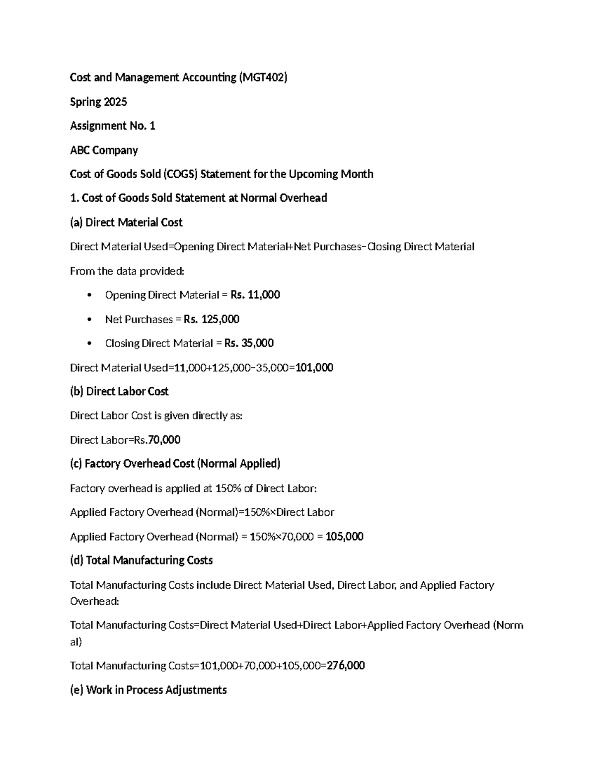Cost and Management Accounting (MGT402) Assignment 1: COGS Analysis ...