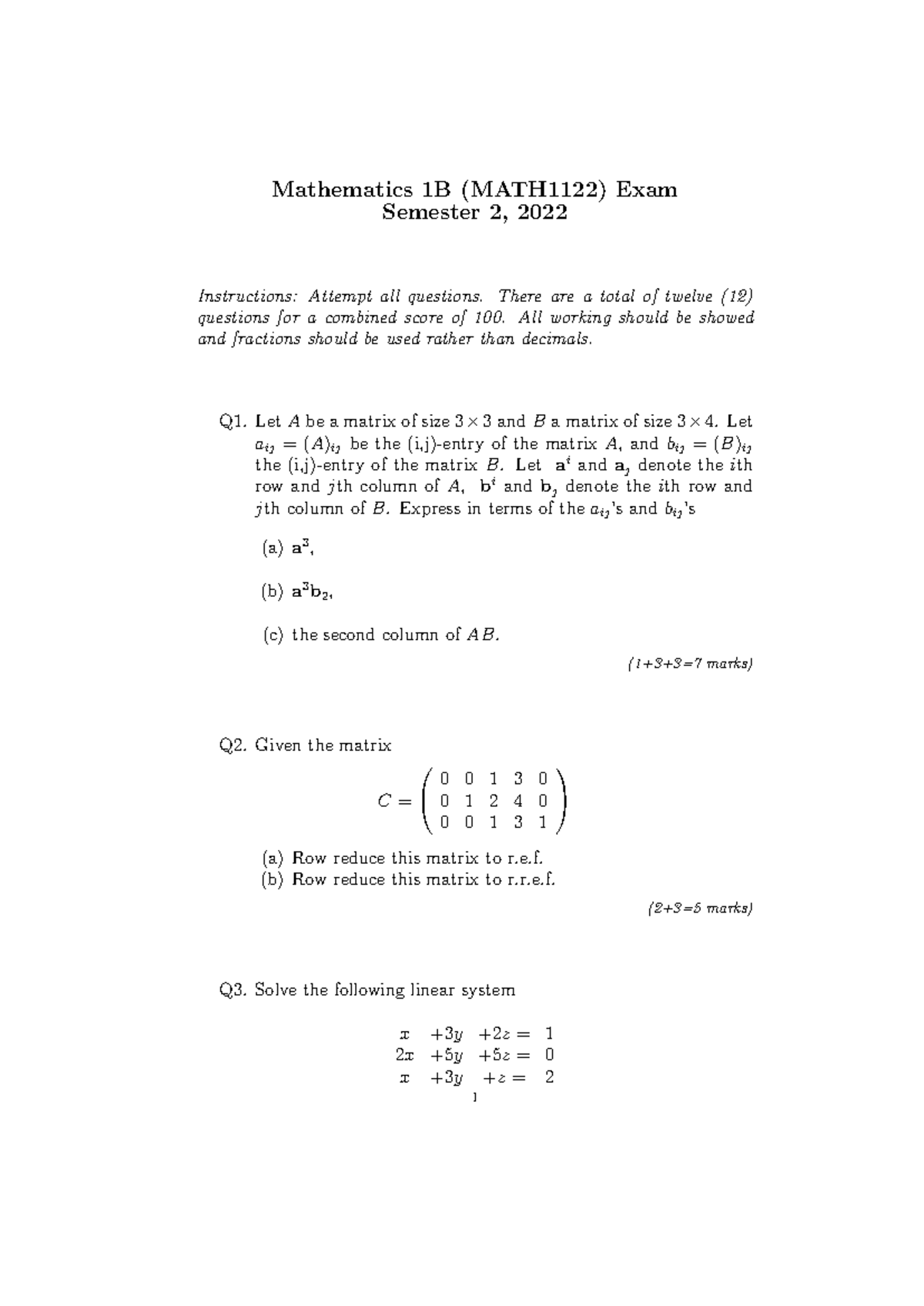 Mathematics 1B (MATH1122) Final Exam Semester 2, 2022 Guide - Studocu