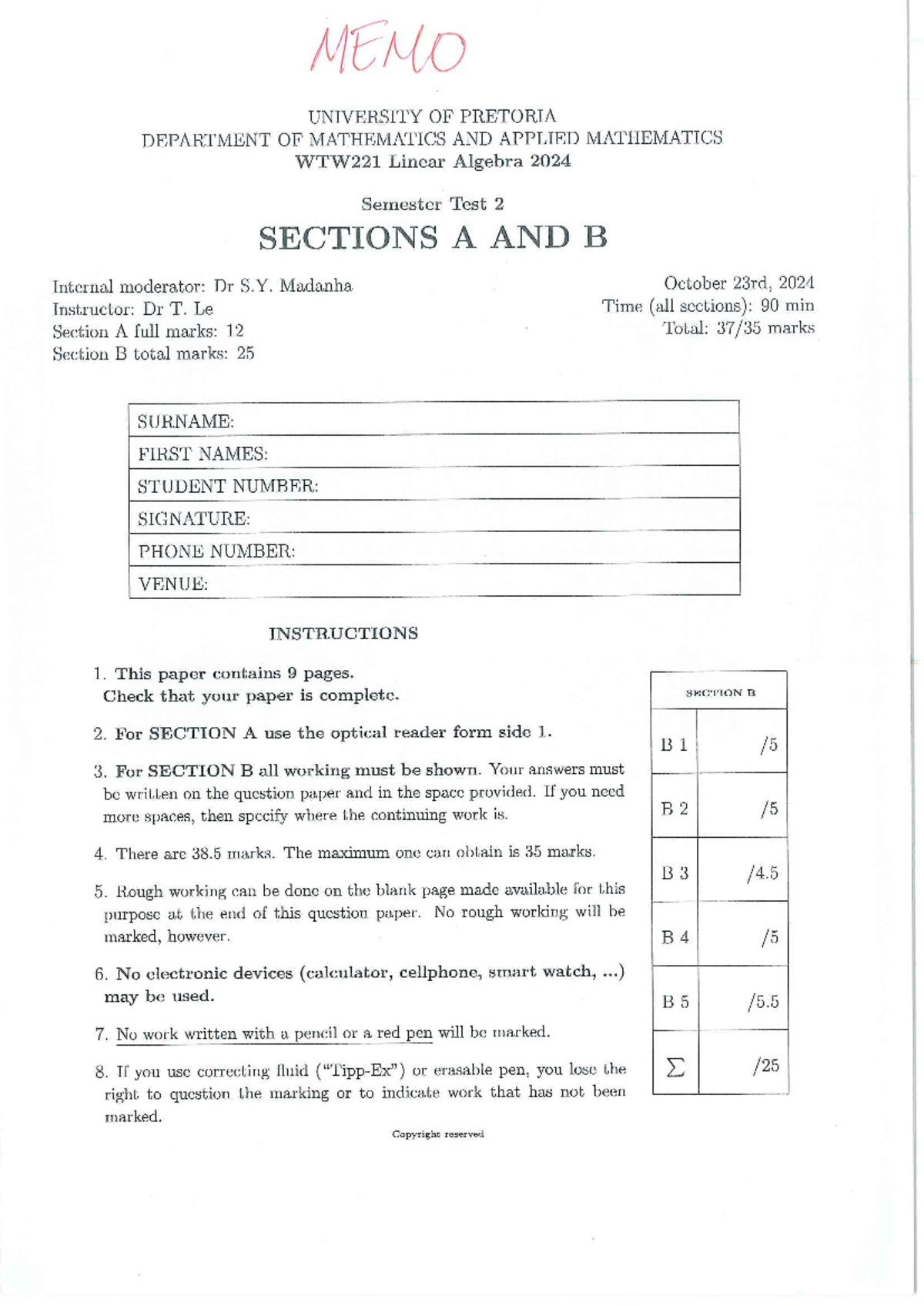 WTW221 Linear Algebra 2024 Semester Test 2 with Memo - Studocu