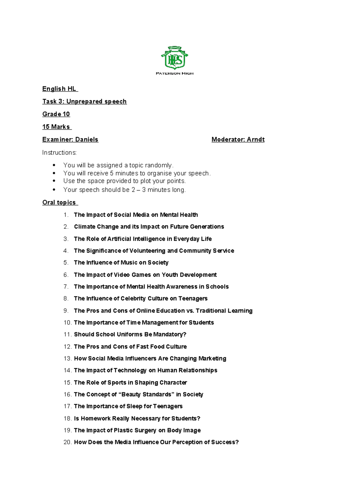 English HL Task 3: Unprepared Speech Topics for Grade 10 - Studocu