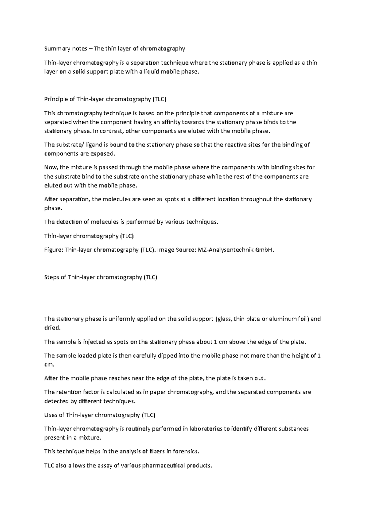 Summary Notes – Thin Layer Chromatography (TLC) for Separation ...