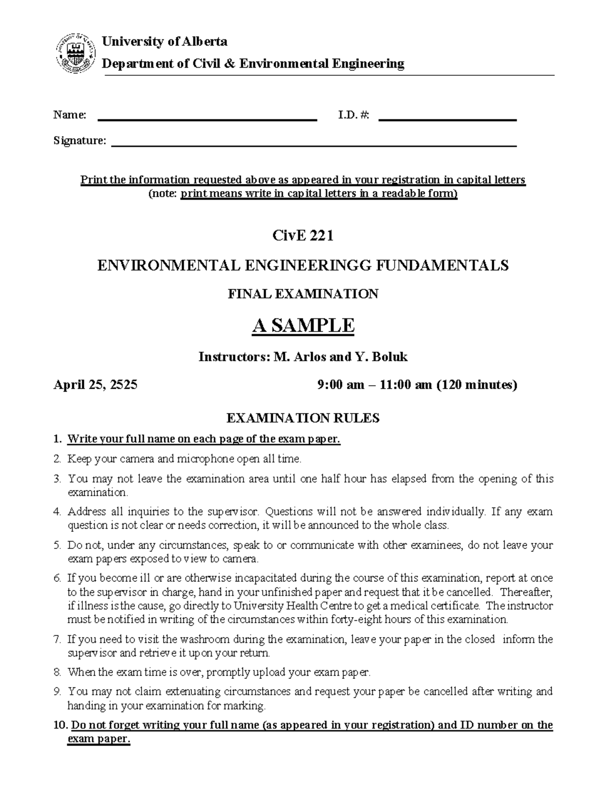 Sample CivE 221 Environmental Engineering Final Exam Winter 2525 - Studocu