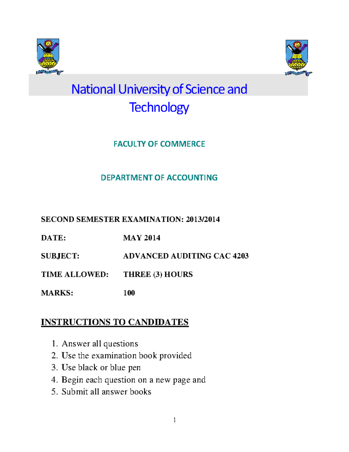 CAC 4203 Advanced Auditing Final Exam Paper - May 2014 - Studocu