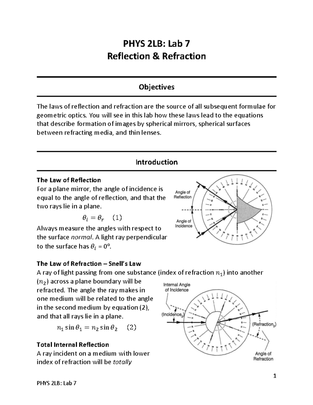 PHYS 2LB: Lab 7 - Reflection & Refraction - Studocu