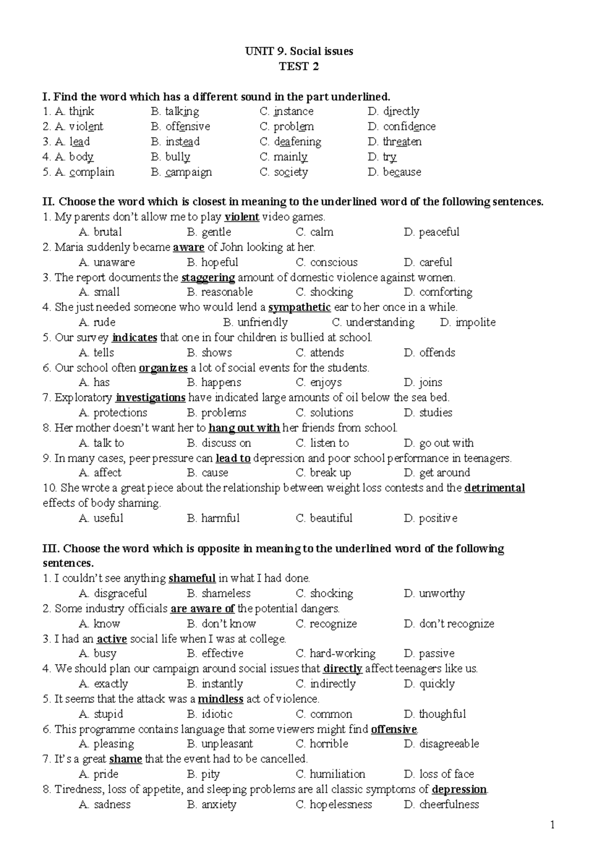32. UNIT 9. Social issues - TEST 2 - UNIT 9. Social issues TEST 2 I ...