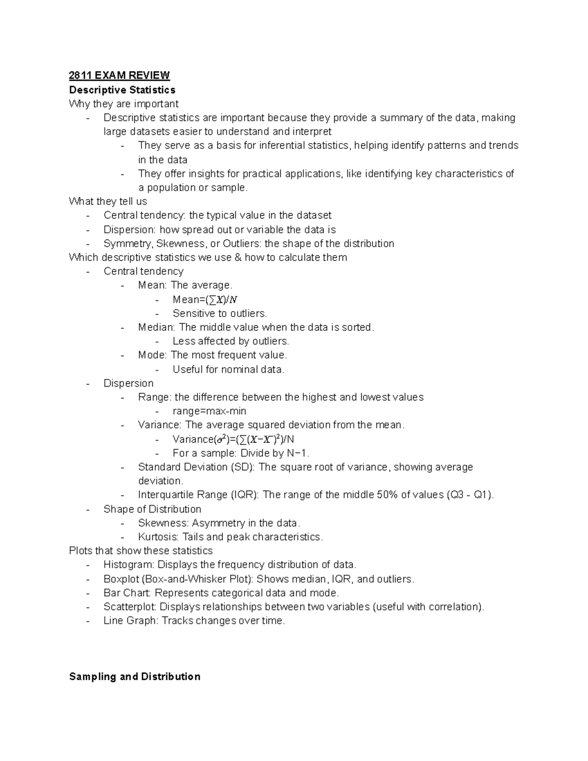 2811 Final Exam Review: Key Concepts in Descriptive Statistics ...