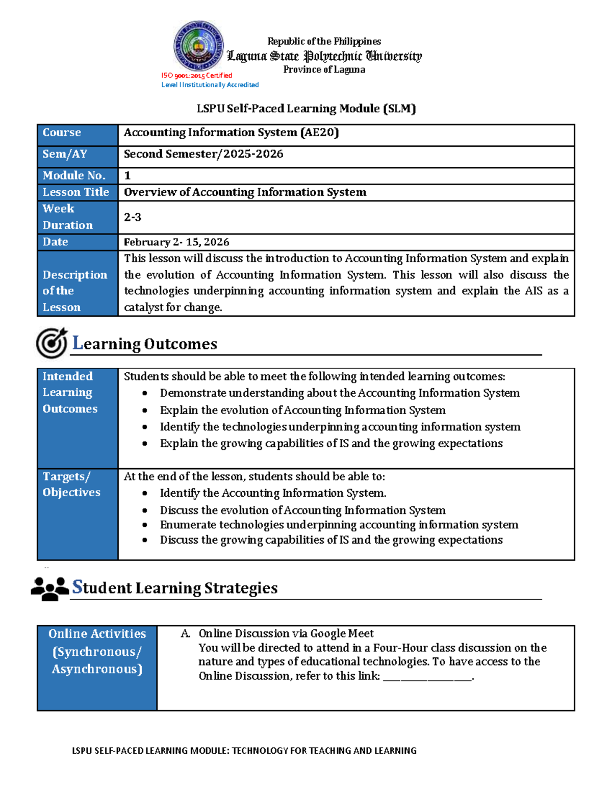 LSPU Accounting Information System Module 2 Overview and Learning ...