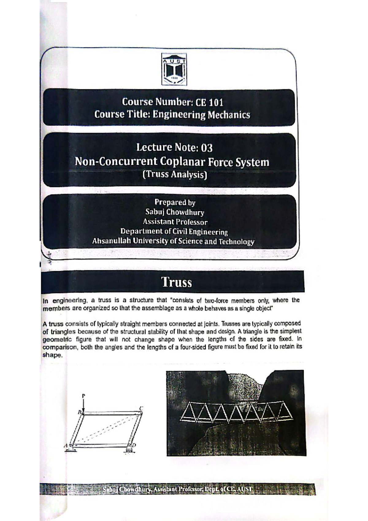 CE 101 Engineering Mechanics Lecture Note: 03 Truss Analysis - Studocu