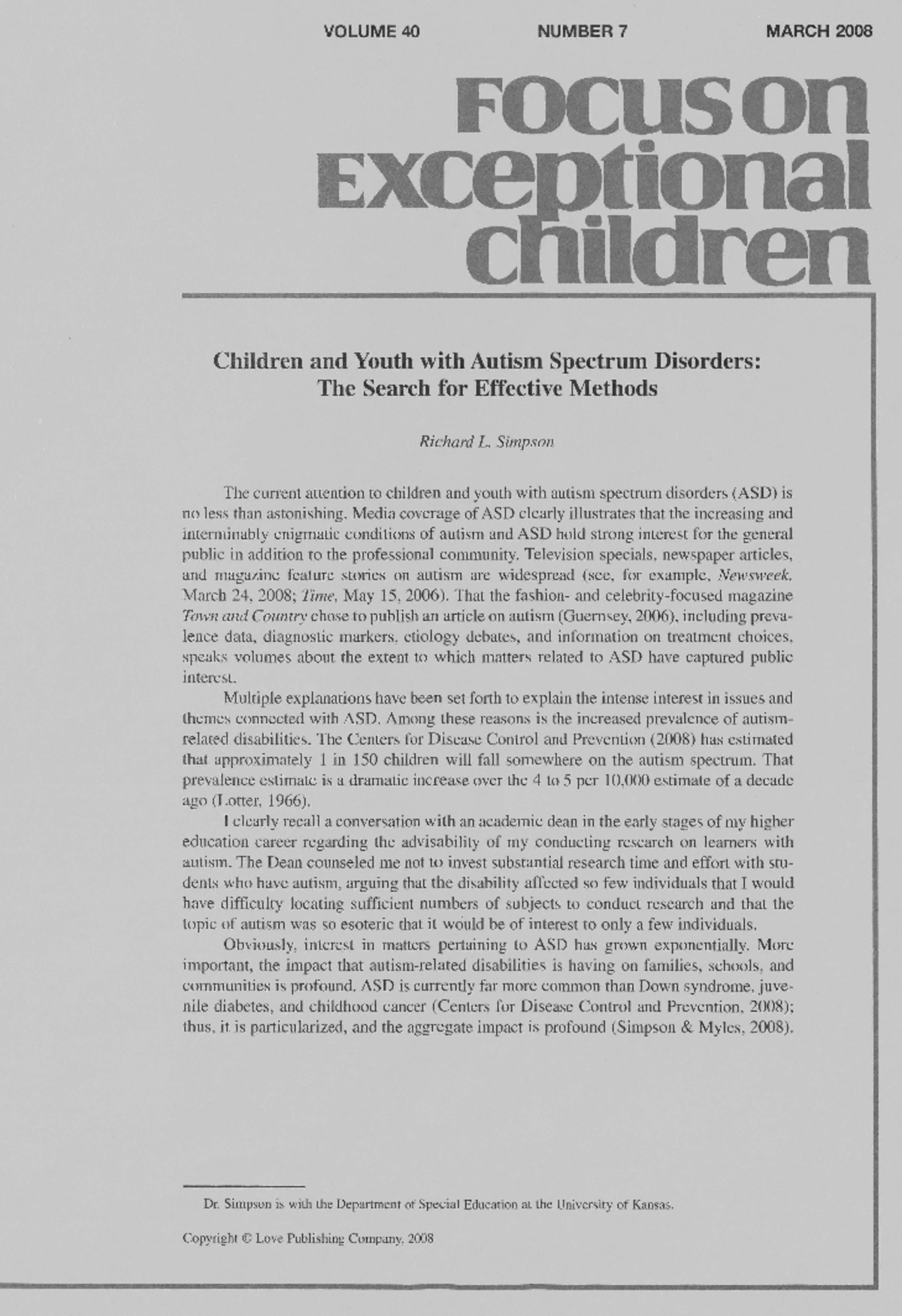 Children and Youth with Autism Spectrum Disorders - Simpson ####### The ...