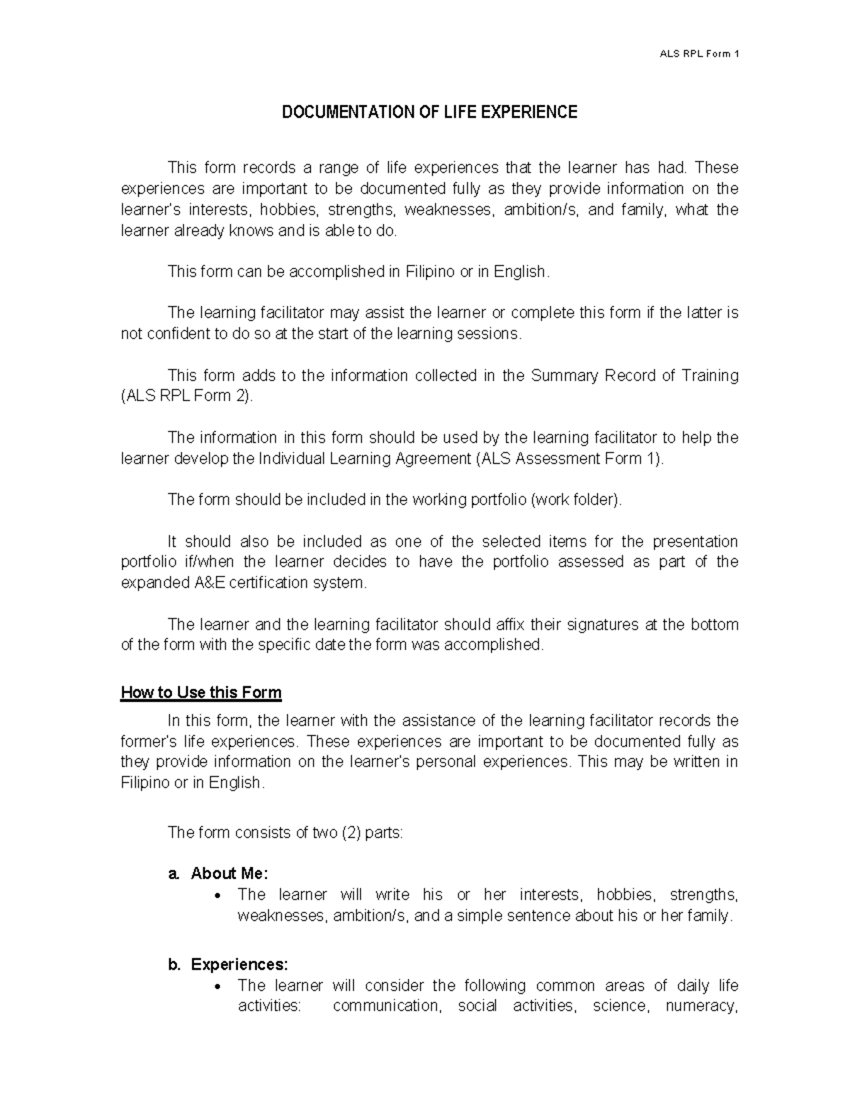 ALS RPL Form 1: Documenting Life Experiences for Learners - Studocu