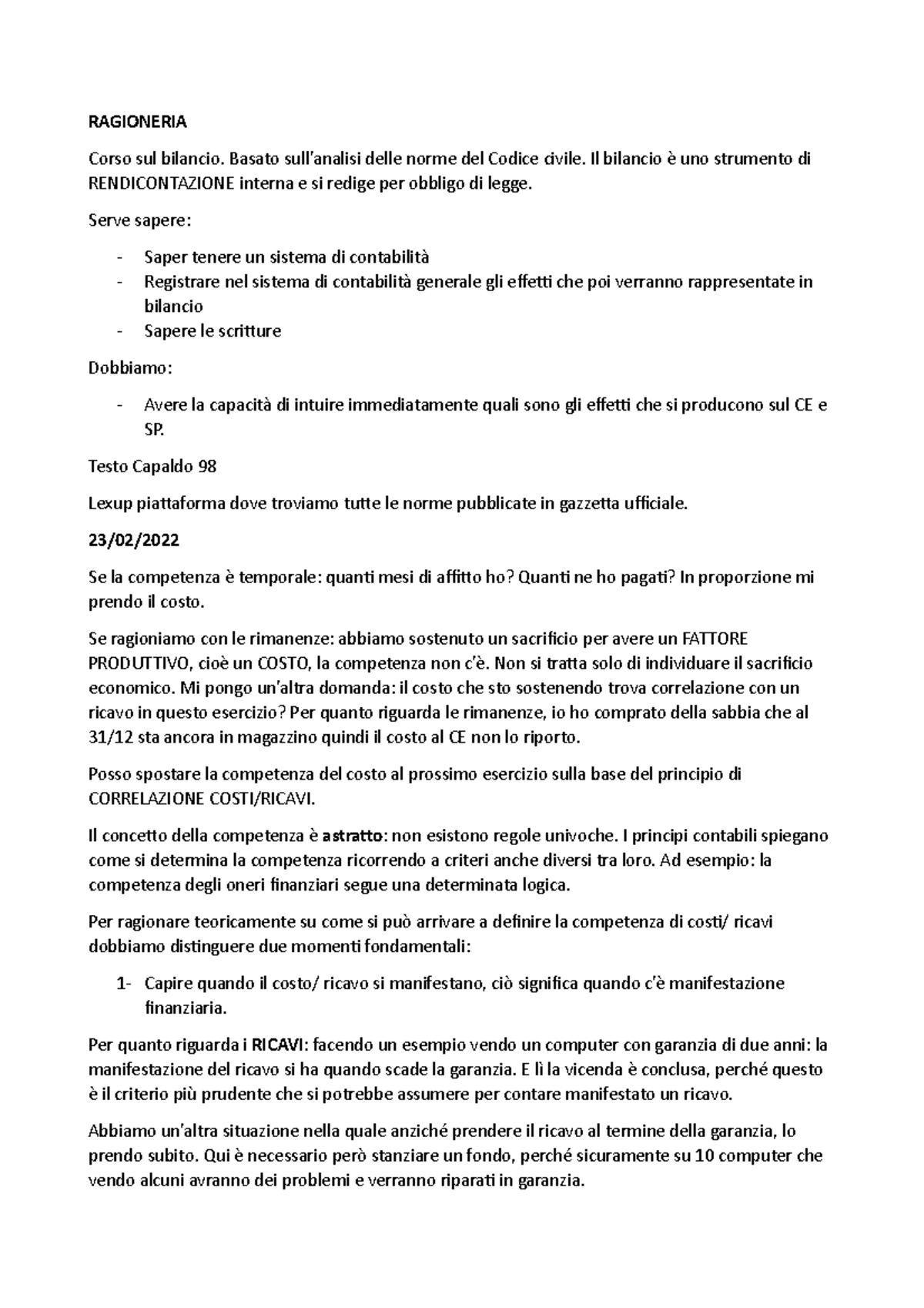 Ragioneria: Analisi della Competenza Costi/Ricavi e Bilancio - Sura -  Studocu