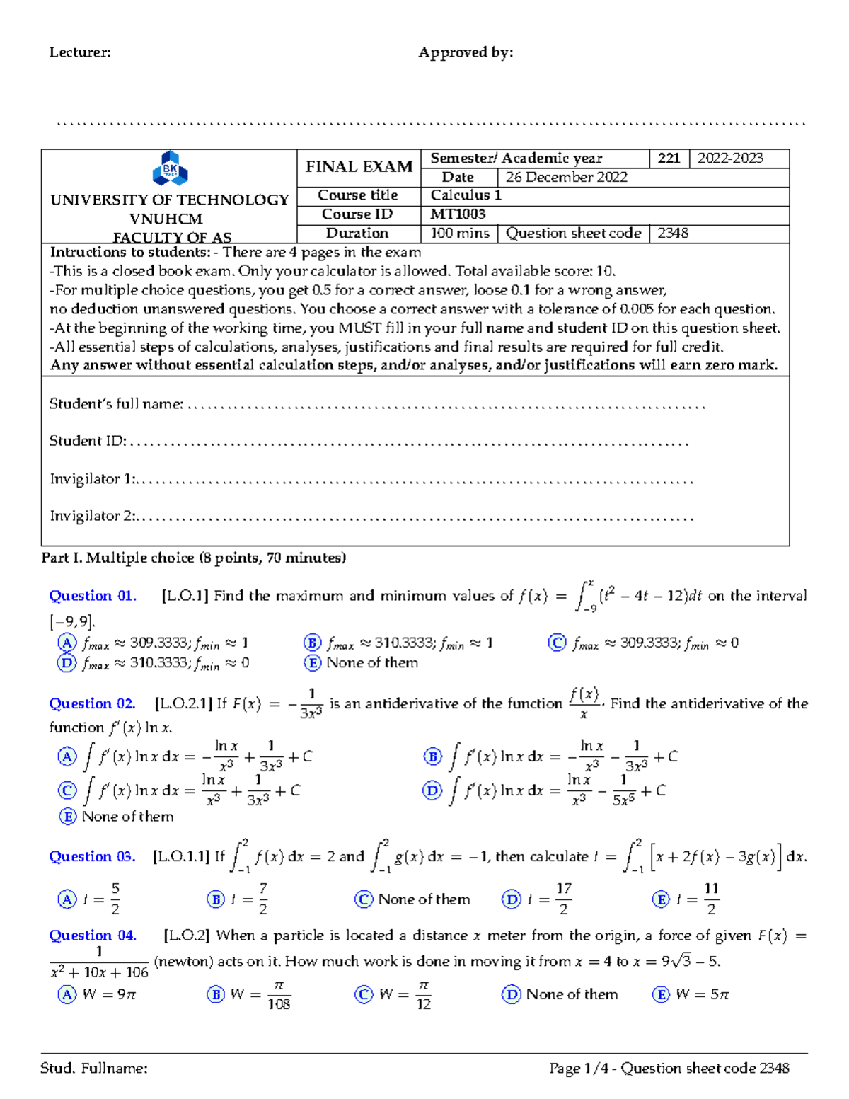 De 2348 - Final Exam Review for Calculus 1 - Studocu