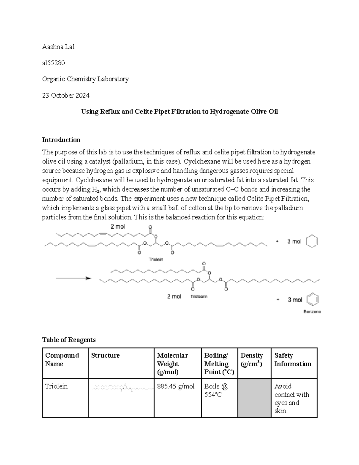 Lab 7: Hydrogenation of Olive Oil via Reflux & Celite Filtration - Studocu