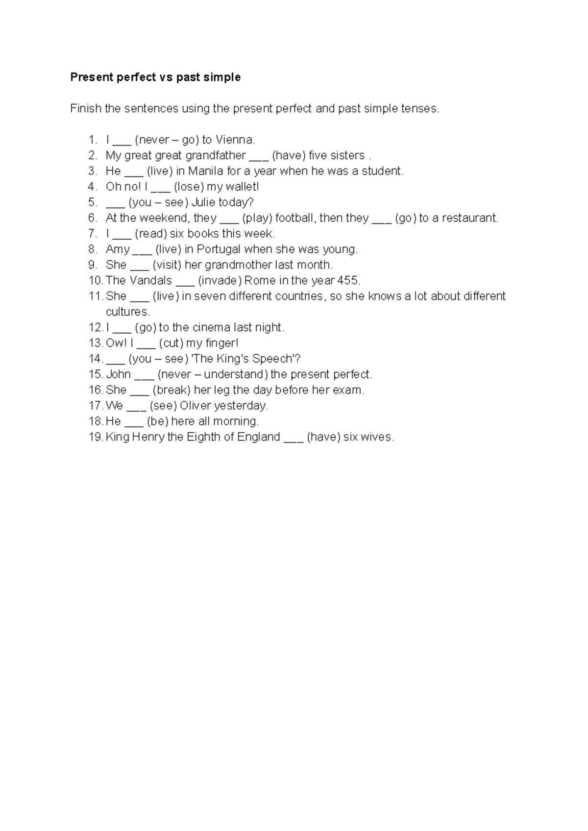 Present Perfect vs Past Simple Exercise for English Grammar - Studeersnel