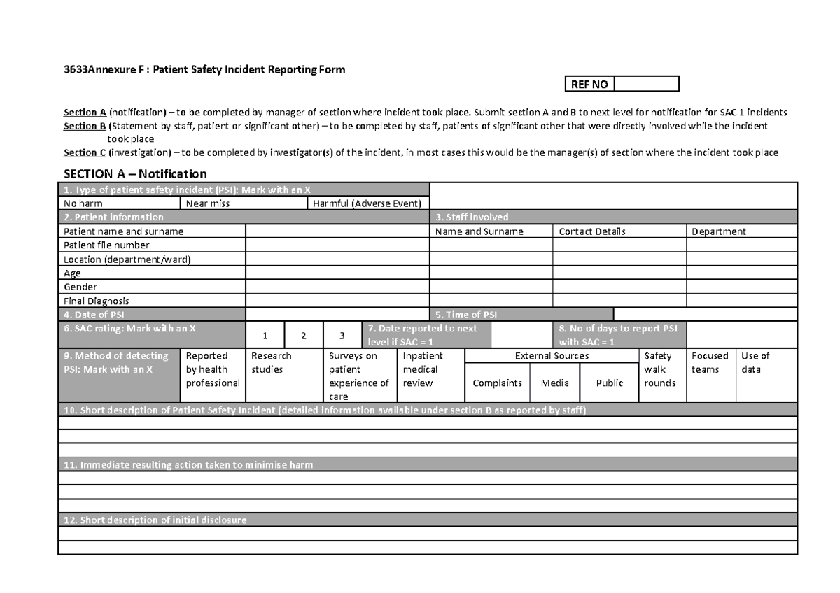 National Report on Patient Safety Incident (PSI) Form Template - Studocu