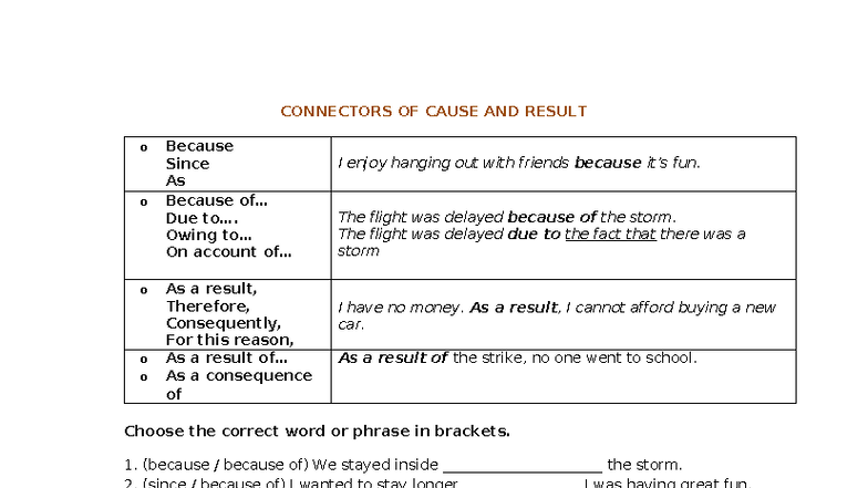 22. Connectors of Cause and Result: Exercises and Examples - Studocu