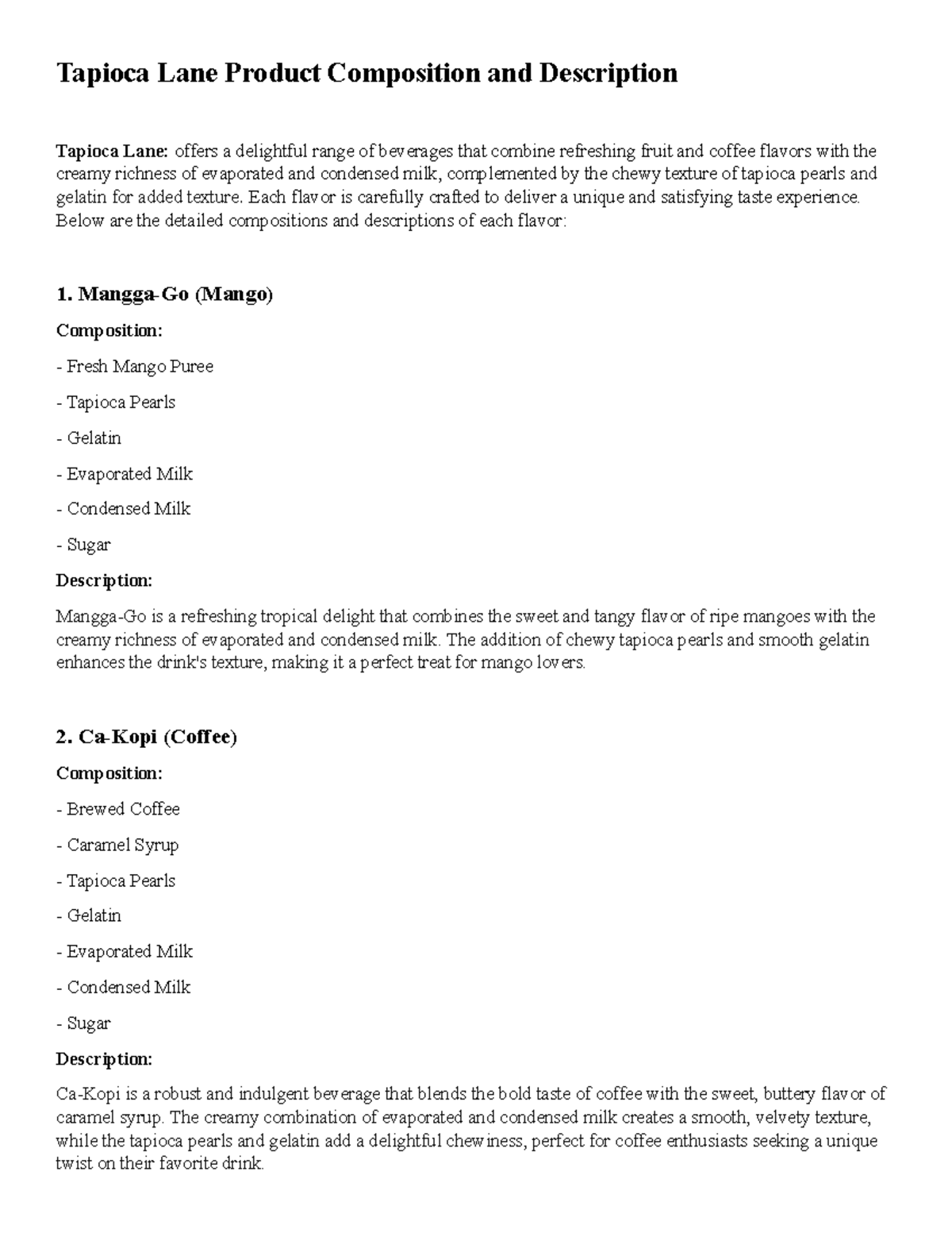 TAPI 101: Tapioca Lane Beverage Composition & Descriptions Guide - Studocu