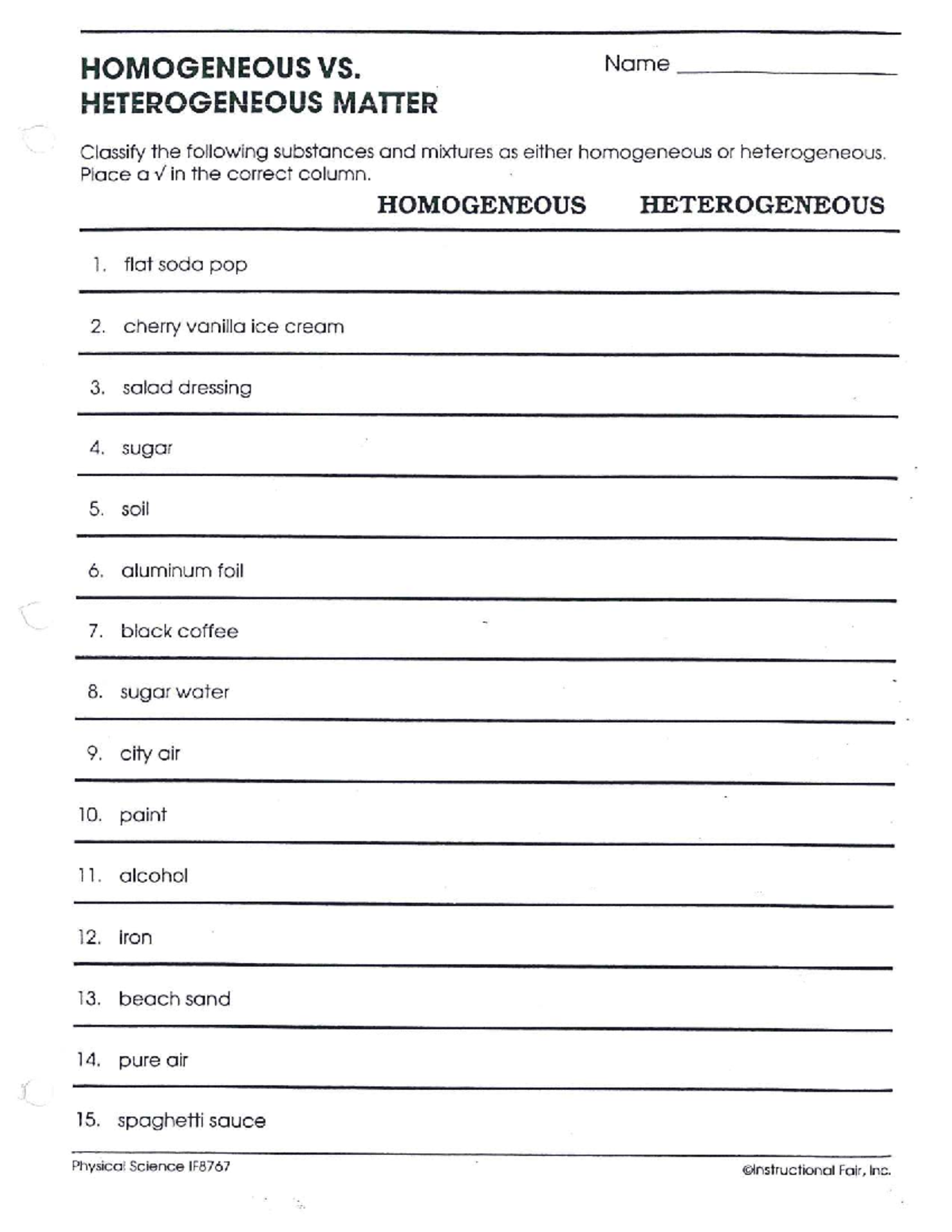 SNC IF8767 Classification of Matter Worksheet: Homogeneous vs ...