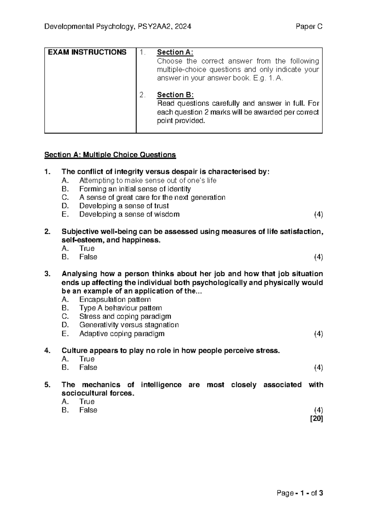 PSY2AA2 Developmental Psychology 2024 Final Exam Instructions - Studocu