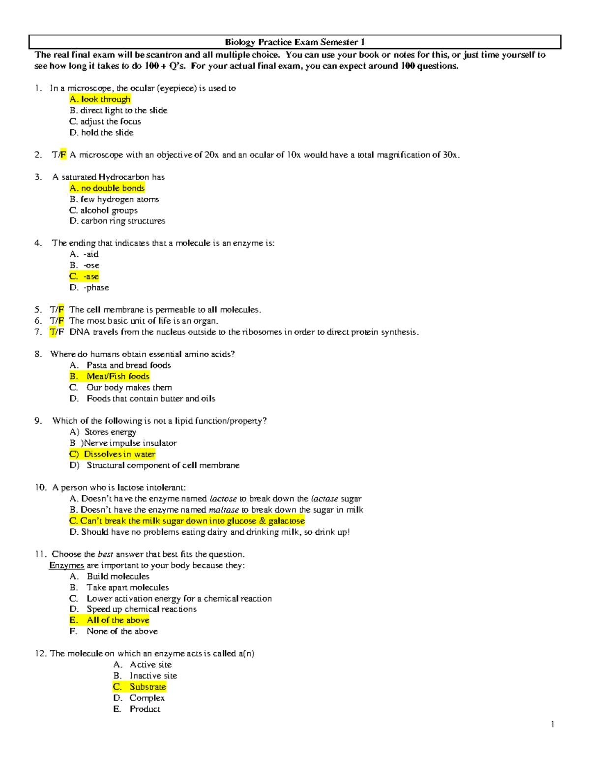 Biology Practice Exam Key - Semester 1 Review Guide - Studocu